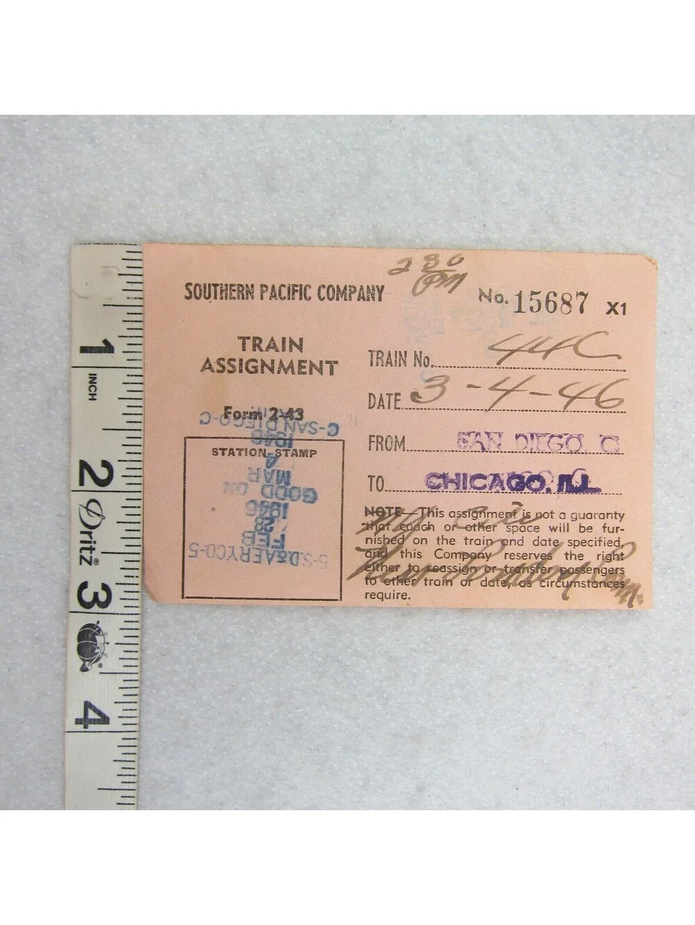 Southern Pacific Company Train Ticket Railroad San Diego to Chicago Vintage 1946